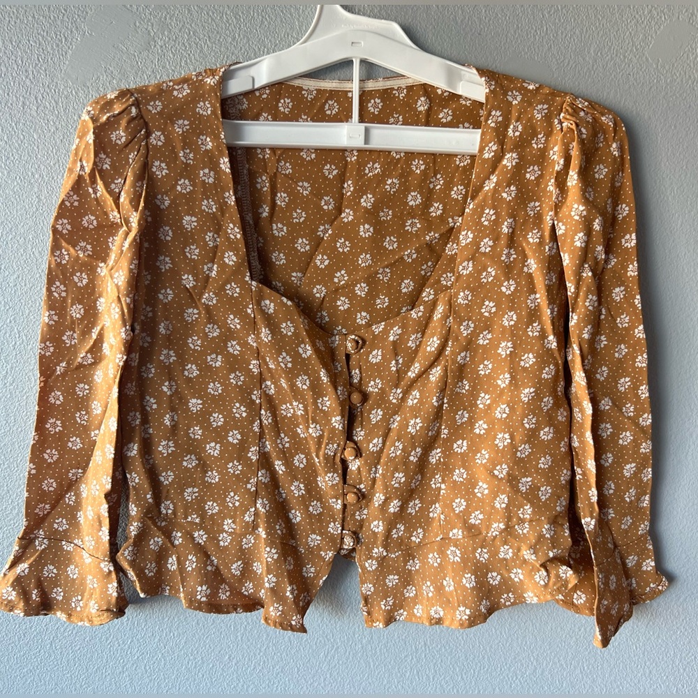 Past Life the Collective yellow brown white floral cropped Skylar blouse sz XS/S
